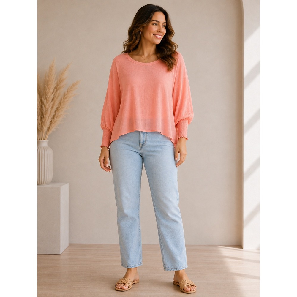 Fun2Fun Boxy Blouse Rose Pink Smocked Cuff Boat Neck Dolman TopSize SM